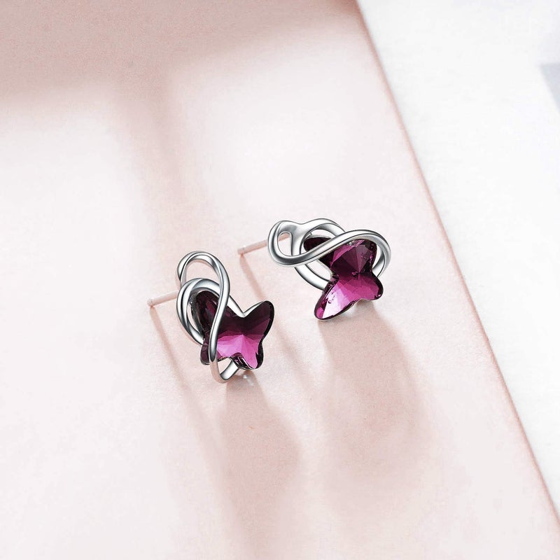 AOBOCO Sterling Silver Infinity Butterfly Earrings Embellished with Crystals from Austria, Hypoallergenic Stud Earrings, Anniversary Birthday Butterfly Jewelry Gifts for Women (Purple) - Image 4
